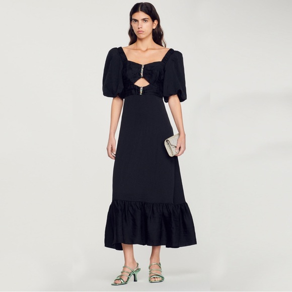 NWT SANDRO Falbala Noir Embellished Midi Party Dress - Picture 3 of 12